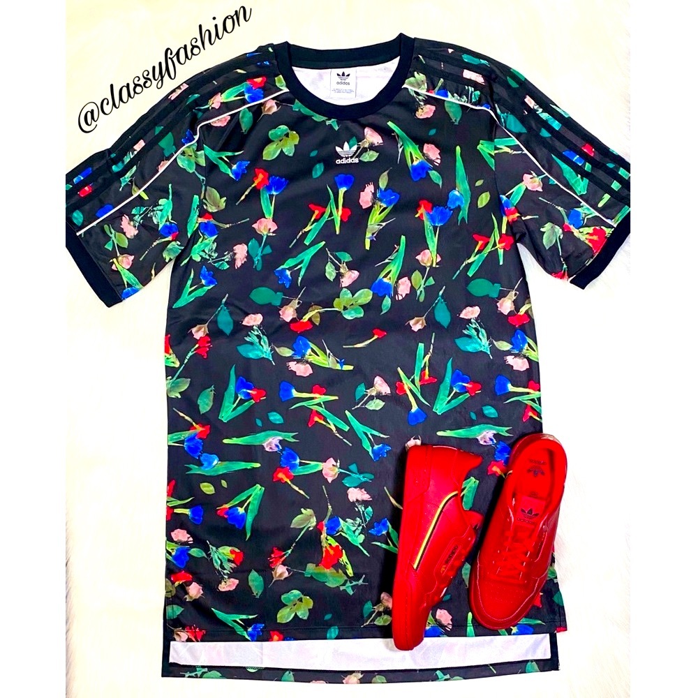Adidas Floral Dress Athleisure Streetwear Y2K Black Print Mini Tunic New - Picture 2 of 12